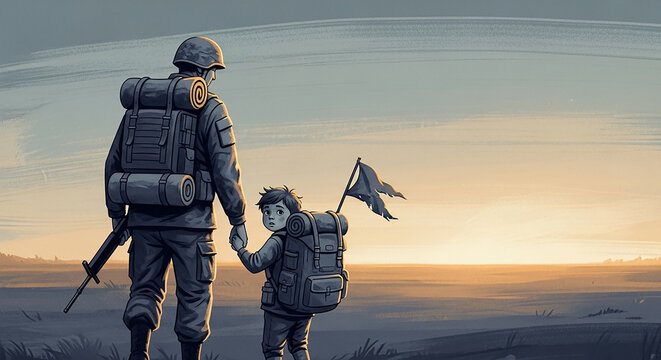 Soldier and child holding hands walking across a field at sunset