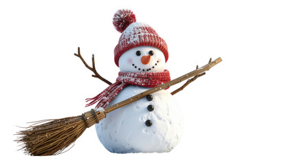 An isolated snowman on a white background with a hat, scarf, and carrot is a cute winter holiday decoration