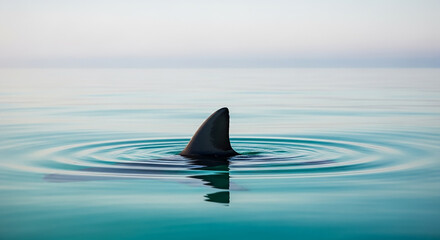 Shark fin creating ripples in calm ocean water
