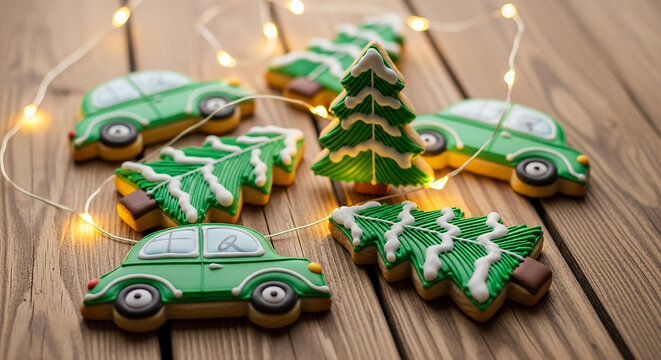 Holiday gingerbread cookies with festive string lights on wood