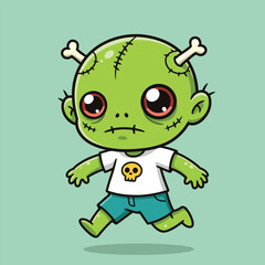 Cute Chibi Zombie Mascot Running Halloween Illustration