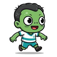 Cute little zombie boy running in a soccer uniform mascot cartoon