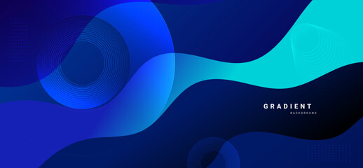 Naklejka na ściany i meble Dark blue gradient abstract background with geometric wave shapes and circular lines Naklejka na ściany i meble Dark blue gradient abstract background with geometric wave shapes and circular lines