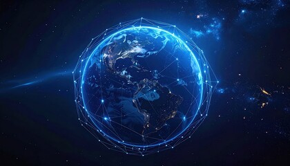 Digital network Earth glowing with connected points in space symbolizing global communication, internet expansion, futuristic connectivity, innovation and progress