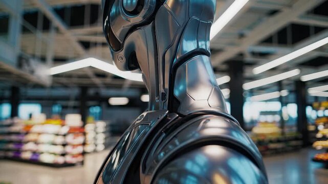 robot android cyborg navigates supermarket aisle. metallic unit inspects produce on shelf. shopping takes place in store with illuminated ceiling and wide windows. shelf contains fruit and veg.