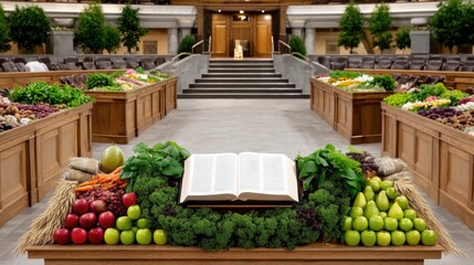 Various fruits and vegetables are creatively arranged around two loaves of bread and an open book, creating a vibrant centerpiece