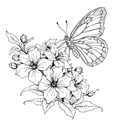 Butterfly on Flowers Vector — Black and White Line Drawing of Intricate Wings and Blooming Petals in Elegant Nature Illustration