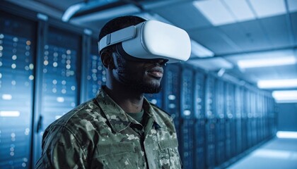 Soldier wearing virtual reality headset in data center symbolizing defense innovation, cyber security training and digital transformation in military technology and future warfare simulation