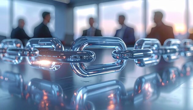 Abstract transparent chain symbolizing blockchain connection and digital trust concept in futuristic office environment representing secure business networks and technology collaboration
