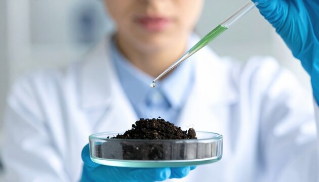 Scientist in laboratory analyzing soil sample with pipette showing sustainable agriculture research, biotechnology and soil health improvement for future farming innovation
