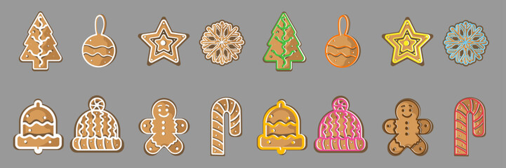 Gingerbread Christmas baking cookies with glaze set 2026. Tree, toy, star, snowflake, bell, hat, gingerbread, candy. Vector icon illustration.
