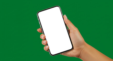 Womans hand holding a modern smartphone with a blank screen on green background