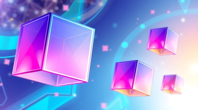 Modern glowing cubes floating in a vibrant digital space offer a stunning backdrop for technology, blockchain, or innovative creative projects