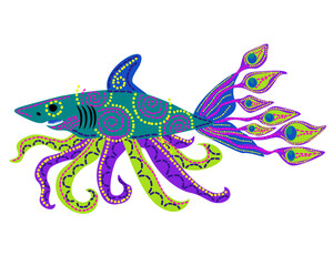 Aquatic Alebrije in the shape of a shark with octopus tentacles and a peacock tail, fantasy Mexican traditional art creature vector illustration