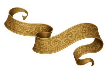 Golden ornate scroll ribbon with carved vintage flourish patterns, blank classic decorative banner, transparent background