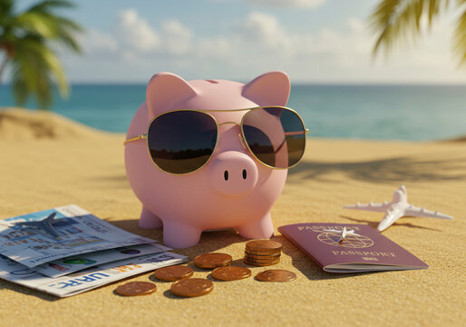 Piggy bank with sunglasses on beach with passport and money concept