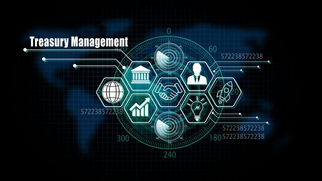 treasury management concept global network digital illustration with business icons, social network icons ,Beautiful motion waving dots map texture with radar background 