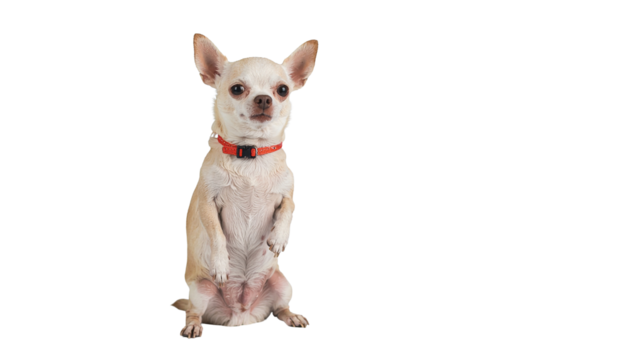 A cute small brown and white Chihuahua puppy sits facing forward, isolated on a white background