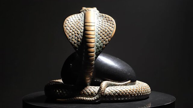 Close-up of a Cobra Snake Statue with a Black Stone on a Dark Background.
