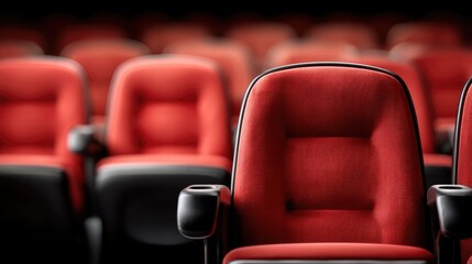 Obraz premium Empty red and gray seats are arranged in rows, creating a cozy atmosphere in the theater before the start of the film