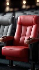 Obraz premium Empty red and gray seats are arranged in rows, creating a cozy atmosphere in the theater before the start of the film