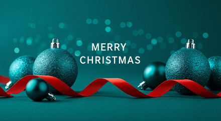 Christmas ornaments with red ribbon and festive text on teal background  