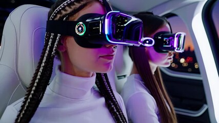 Passenger wearing headset explores virtual scene inside vehicle at night. vr technology and futuristic lighting enhance immersion. Entertainment focus emphasized by headset glow. Passenger relaxed. - Powered by Adobe