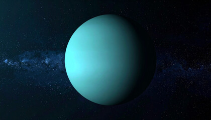 Naklejka premium Horizontal scene of Uranus fully visible, smooth turquoise surface, deep space background.