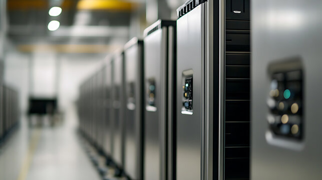 Server room with rows of shiny metal computers, showcasing the infrastructure essential for modern data storage and processing in a high-tech environment.