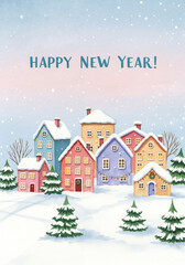 Colorful houses in winter landscape, Text Happy New Year
