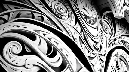 Fototapeta premium Intricate Black and White Wood Carving with Swirling, Layered Patterns and Dramatic Shadows