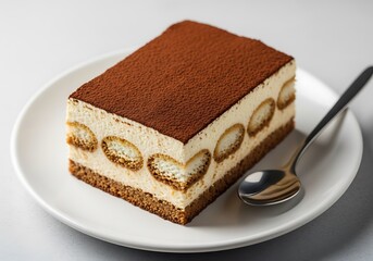 Delicious tiramisu cake on a white plate with a spoon, ready to be served