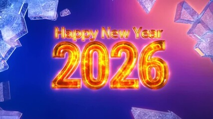 Frozen Ice Screen Cracking to Reveal Fiery Happy New Year 2026 3D Text with Blue and Orange Lighting in 4K Cinematic Animation - Powered by Adobe