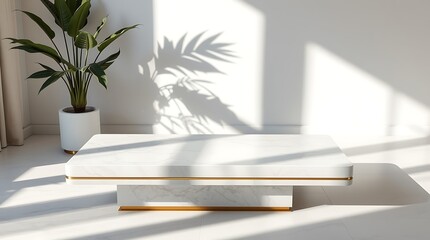 Fototapeta premium Elegant marble coffee table with golden accents in bright, minimalist room casting plant shadows on the wall, perfect for showcasing home decor