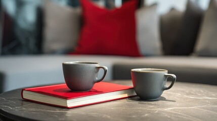 closeup of a coffee table with two grey cups and a book in red cover next to a blurred grey sofa in the background no logos no brands ar 169
