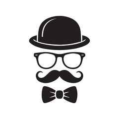 Gentleman Bowler Hat, Glasses, Mustache and Bow Tie Icon Set silhouette vector on white background