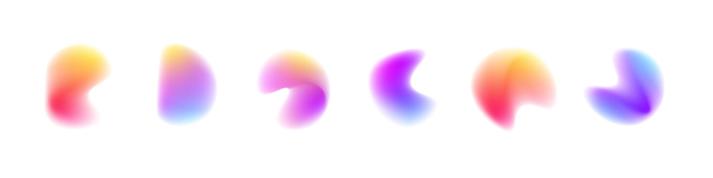 Set of defocused soft color gradient circles for creative graphic. Abstract color watercolor blur mesh shape on white background. Color gradation blend mesh, holographic chromatic blur. 