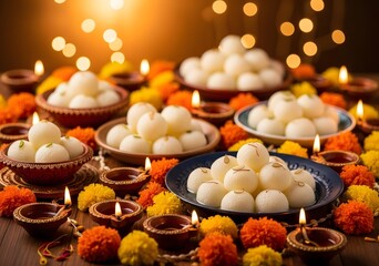 Festive rasgulla arrangement with diya lamps and marigold flowers for diwali celebration, creating a warm ambiance