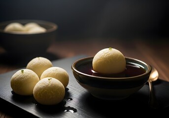 Rasgulla in a bowl with more on a slate plate, a traditional indian dessert made from chenna and sugar syrup