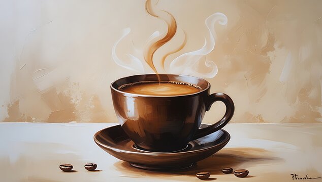 Steaming hot coffee in a ceramic mug on a saucer