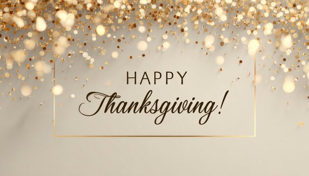 Gentle curtain of gold flakes and bokeh orbs surrounding a festive message, creating a warm and inviting atmosphere for Thanksgiving celebrations