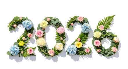 Soft pastel 2026 numbers made from flowers on white background, elegant minimalist New Year and Christmas composition for wellness spa or floral shop branding