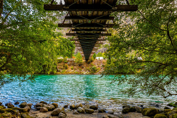 Panoramic View of Swinging Bridge Over Skagit River