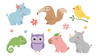 Animals Cute cartoon : hippo, anteater, bird, chameleon, owl, capybara, and rhino, with flowers and stars.