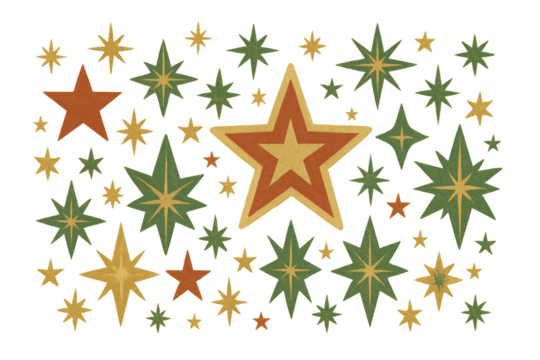 Vintage style stars set in red, green, and gold colors with glitter texture, perfect for christmas and celebration designs