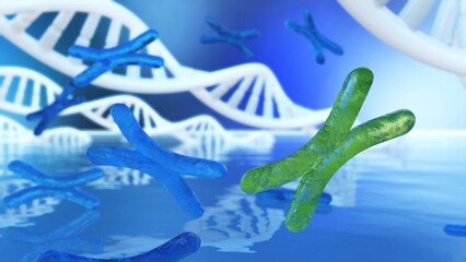 X chromosome against the background of DNA. Chromosomes and DNA.
3D rendering