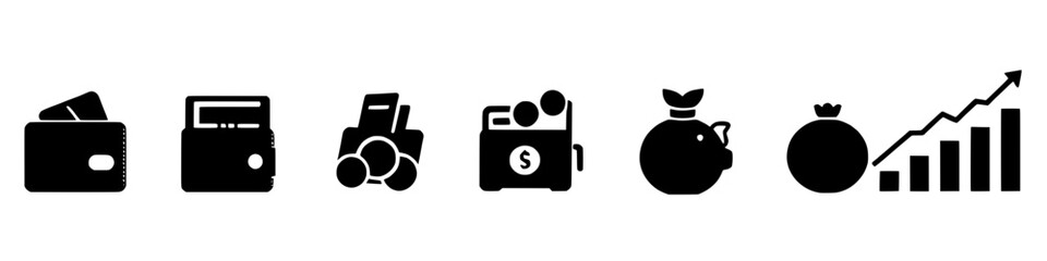 financial icons representing wallets, coins, money bags, and investment growth. Wallet with cards icon. Coins silhouette icon. Growth chart. Moneybag or stash. Piggy bank flat style - stock vector