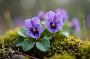 Purple viola flowers grow on green moss. Small violet plants with yellow center. Viola odorata blooms in forest. Leafy green mossy ground with tiny purple flowers.