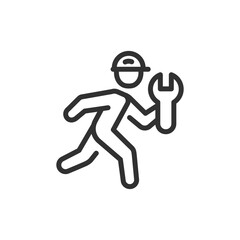 Technician running with wrench, linear icon. Urgent repair and service call. Line with editable stroke.