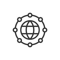 Globe in network, linear icon. Global connectivity surrounded by nodes. Line with editable stroke. © Matsabe